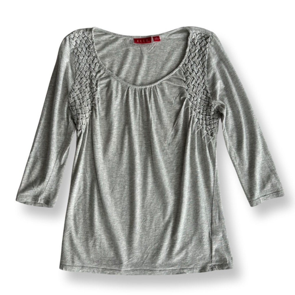 Elle Heather light Gray Scoop Neck Top Woven Shoulder Detail Shirt Women Medium
